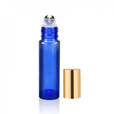 10 ml Blue Roll On Bottle With Steel Ball & Gold Cap
