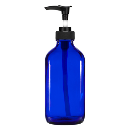 8 Oz Blue Glass Bottle With Black Lotion Pump