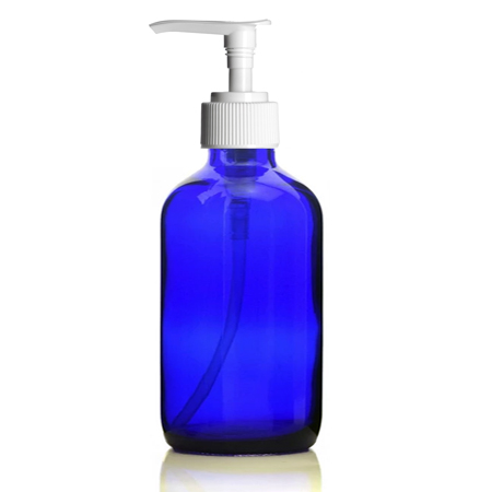 8 Oz Blue Glass Bottle With White Lotion Pump